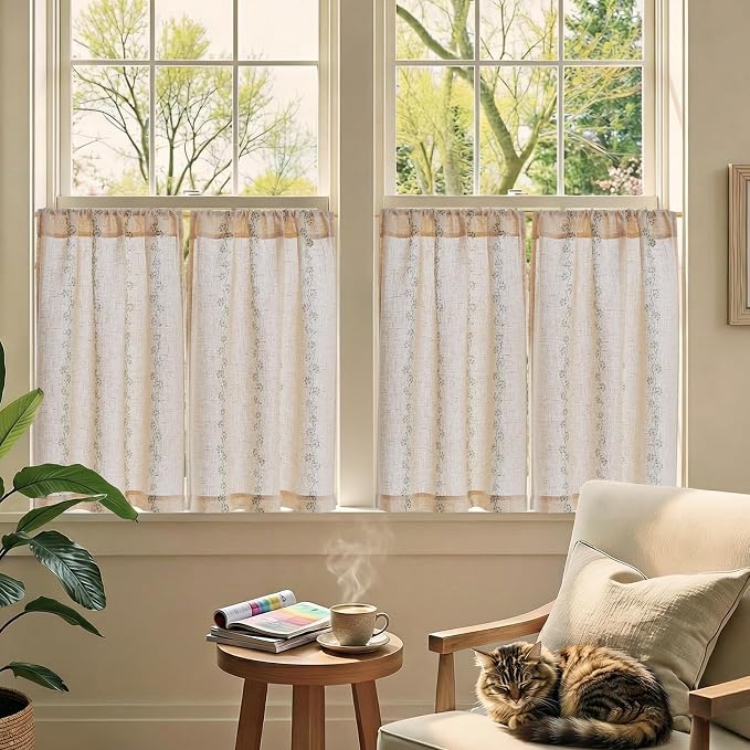 jinchan Katy Linen Floral Kitchen Curtains 30 Inches Length Stripe Cafe Curtains Farmhouse Cottagecore Tier Small Window Drapes for Living Room Light Filtering Rod Pocket 2 Panels Sage Green on Linen