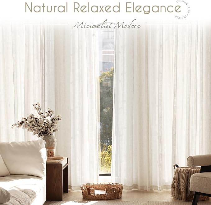 Cream Natural Linen Curtains 84 inch Length 2 Panels Set Neutral Rustic Farmhouse Living Room Drapes Back Tab Pleated Look Light Filtering Privacy Semi Sheer Curtains 84 inches Long Ivory Colored