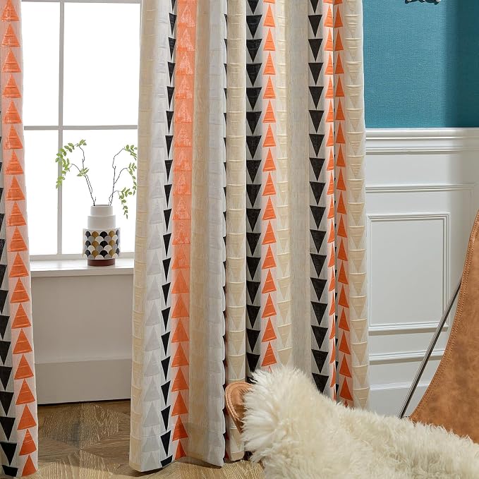 Leeva Geometric Jacquard Curtains with Grommet Top - 52x63 Inch Light Filtering Drapes, Modern Triangle Design for Living Room/Bedroom, Set of 2 Panels, Orange