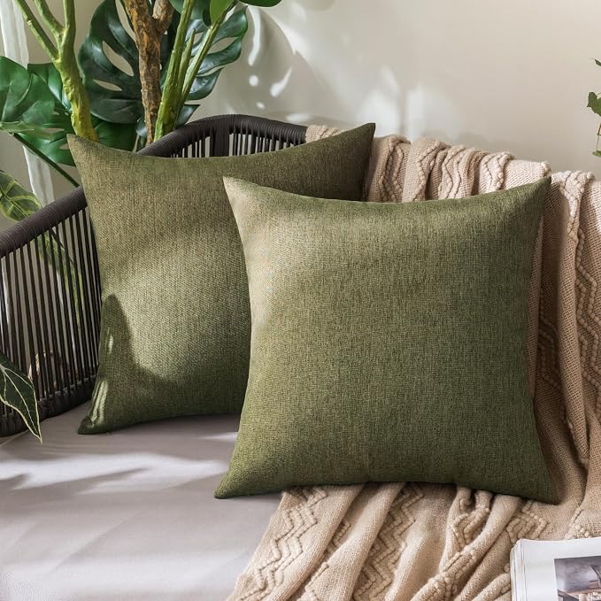 MIULEE Pack of 2 Decorative Outdoor Solid Waterproof Throw Pillow Covers Spring Faux Linen Garden Farmhouse Cushion Cases for Patio Tent Balcony Couch Sofa 16x16 Inch Olive Green
