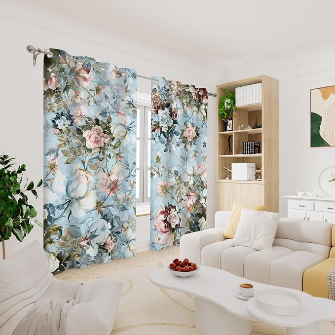 Renaiss Blue Rose Floral Blackout Curtains, Light Blue Watercolor Flowers Blossom Bedroom Window Curtains, Vintage Grommet Window Drapes for Living Room 53W x 84L 2 Panels Set