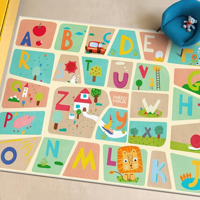 Huge ABC Alphabet Classroom Rugs Elementary – 9x12 School Rug for Kids, Washable & Wipeable Large Floor Carpet, Soft & Non Skid Design with Educational Letters and Whimsical Cartoon Art Decor