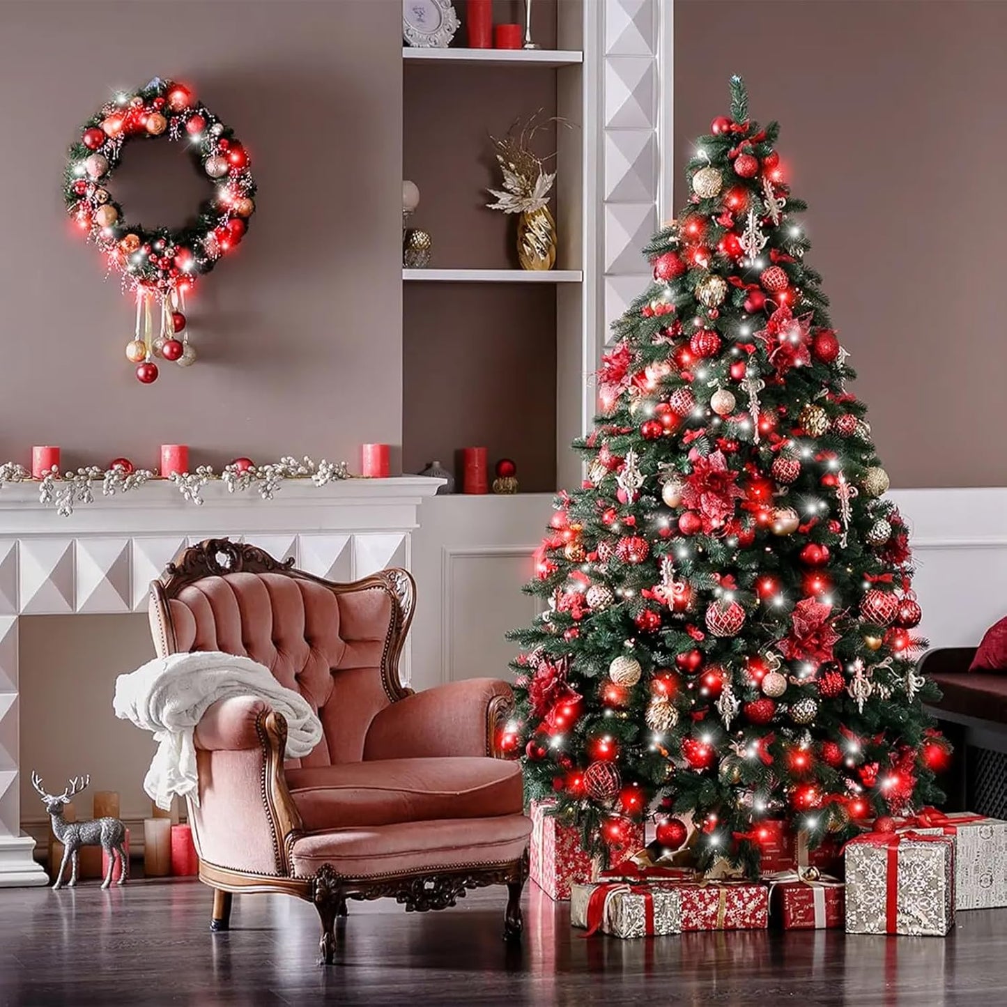 400 LED Red and White Christmas Lights Outdoor, 131ft Christmas String Lights 8 Modes Clear Wire, Plug in Waterproof Twinkle Fairy Lights for Bedroom Christmas Decorations