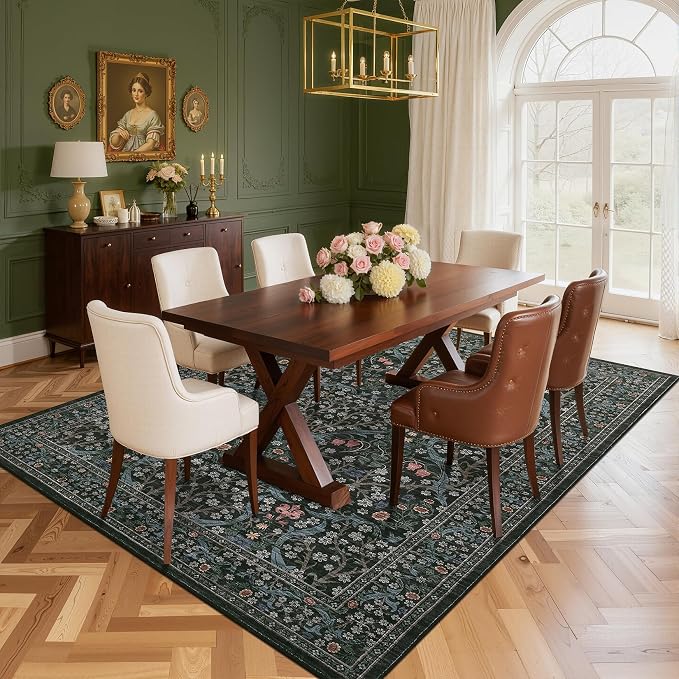 GarveeHome Washable Rug for Living Room, 8x10 Large Area Rug for Dining Room Under Table, Bedroom, Floral Soft Low Pile Non Slip Stain Resistant Carpet for Nursery, Playroom, Office, Dark Black