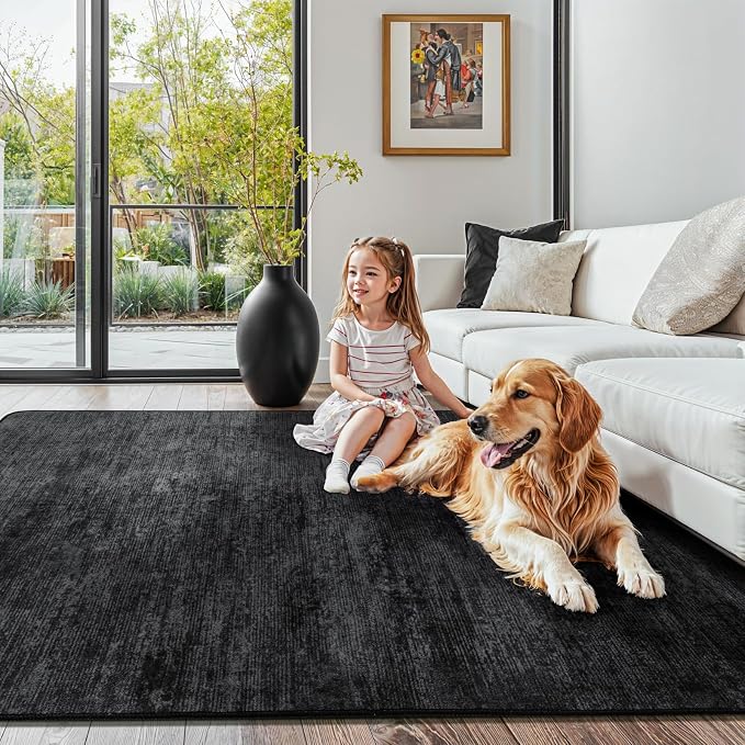 3x5 Washable Area Rug, Black Solid Area Rugs for Living Room & Bedroom | Stain-resistant & Non-slip backing,Low Pile Washable Large Carpet, Solid Vintage Style For High Traffic Areas(3x5,Black)