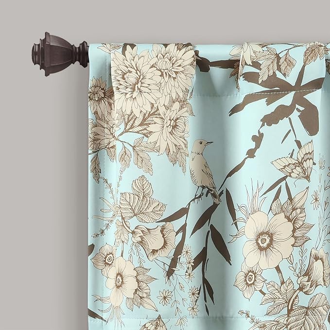 Lush Decor Botanical Garden Curtains Floral Bird Print Light Filtering Window Valance Drapes for Living, Dining, Bedroom, Blue, 52"W x 18L"