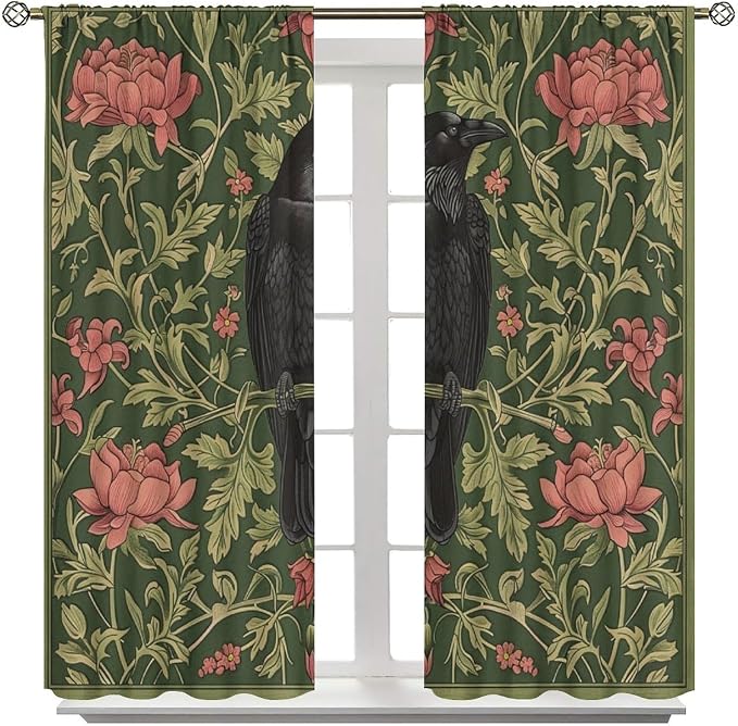 William Morris Blackout Curtains, Retro Bird Crow Flower Animal Pattern Window Drapes, for Bedroom Living Room 63" W X 63" L