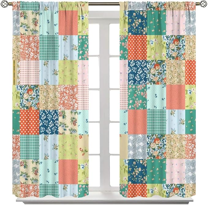 Boho Floral Patchwork Blackout Curtains Farmhouse Patchwork Quilted Country Check Plaid Print Window Drapes for Bedroom Living Room Kitchen Cafe （W31.5xL63 Inch） x2 Panels