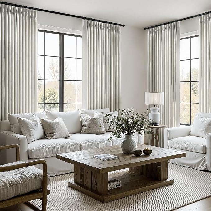 90 Inches Long Semi Sheer Light Grey Linen Curtains for Bedroom,Pinch Pleat Privacy Curtains,Viral Farmhouse Modern Lined Track Drapes 2 Panels Set for Sliding Door Winter