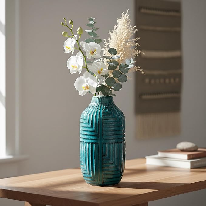 hjn Teal Hand-Glazed Ceramic Vase - 10.6" H Modern Decorative Centerpiece Vase for Fresh/Dried Flowers, Home Decor for Living Room Bookshelf Mantel | Wedding Housewarming Gift