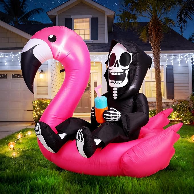 Jenaai 4 ft Summer Halloween Inflatable Decorations Blow up Yard Death Decors with LED Lights Death Figure Flamingo for Holiday Summer Halloween Party