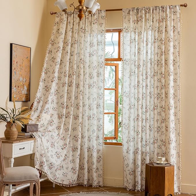 OYX Boho Floral Curtains 96 Inch, Pink Flower Farmhouse Drapes with Tassels, Linen Textured Light Filtering Semi Sheer Curtains for Living Room Bedroom, 2 Panels, Rod Pocket, 52Wx96L