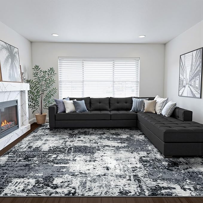 RELEANY Washable Area Rugs 8'x10' Non-Slip Modern Abstract Soft for Living Room Entryway Bedroom Kitchen, Print Pattern, Black Navy Blue Gray