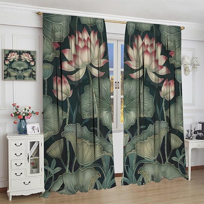 William Morris Lotus Blackout Curtains, Vintage Country Farmhouse Flowers Green Leaves Boho Window Drapes, for Living Room Bedroom 84" W X 84" L
