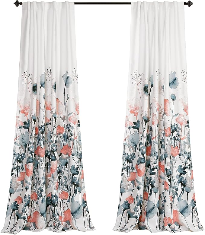 Lush DÉCOR Zuri Flora Curtains Light Filtering Window Panel Set for Living, Dining, Bedroom (Pair), 84 x 52 in, Blue and Coral, 2 Count