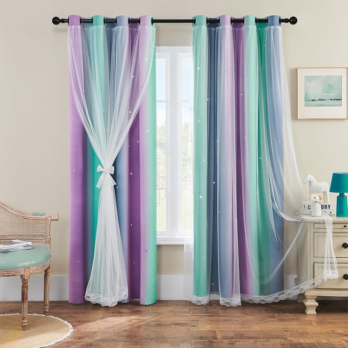 XiDi Purple Grey Green 90 Inches Blackout Curtains for Girls Bedroom 2 Panels Set, Rainbow Curtains for Kids Room Decor, Unicorn Wall Decals Grommet Drapes for Little Girl Nursery Room 34 Inches Wide