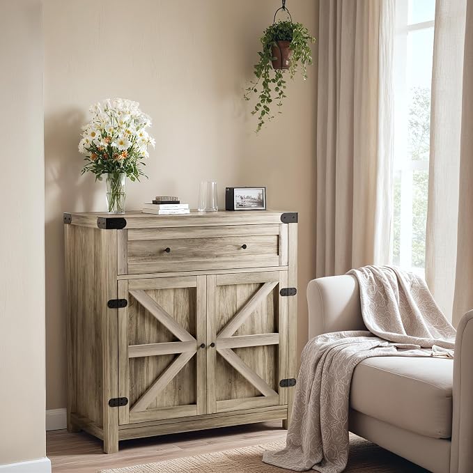 YESHOMY Coffee Bar and Accent Cabinet, Farmhouse Barn Door Buffet Sideboard with Drawer and Adjustable Shelf, Wide Desktop for Kitchen, Dining Room, Bathroom, Entryway, Oak