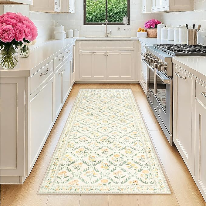 Runner Rug for Entryway: 2x5 Kitchen Rugs Non Slip Washable Ultra-Thin Soft Floral Carpet Indoor Floor Stain Resistant Carpets for Hallway Bedroom Kitchen Laundry Bathroom Dorm Beige/Multi
