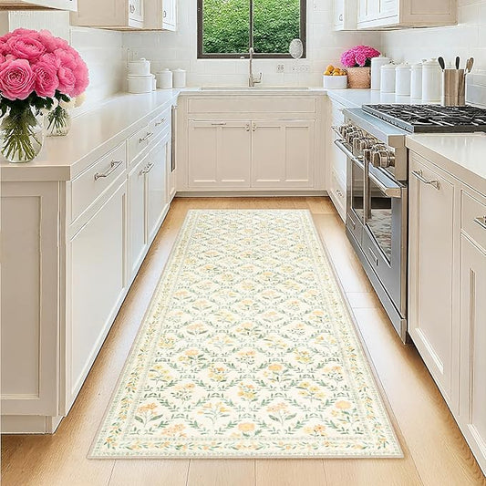 Runner Rug for Entryway: 2x5 Kitchen Rugs Non Slip Washable Ultra-Thin Soft Floral Carpet Indoor Floor Stain Resistant Carpets for Hallway Bedroom Kitchen Laundry Bathroom Dorm Beige/Multi