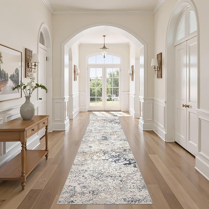 DMOYEST Washable Runner Rug for Hallway: 2.6x10 Neutral Modern Abstract Low Pile Area Rug with Non-Slip Backing - Carpet for Bedroom Kitchen Laundry Entryway Bathroom Indoor - Beige Blue