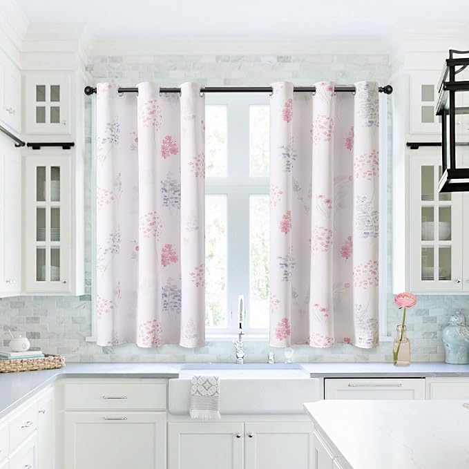 XTMYI Pink Curtains for Girls Bedroom Kids Room,Floral Boho 80% Blackout Short Curtains for Kitchen Window Bathroom Bunk Bed Dorm,45 Inch Length,Set of 2 Panels