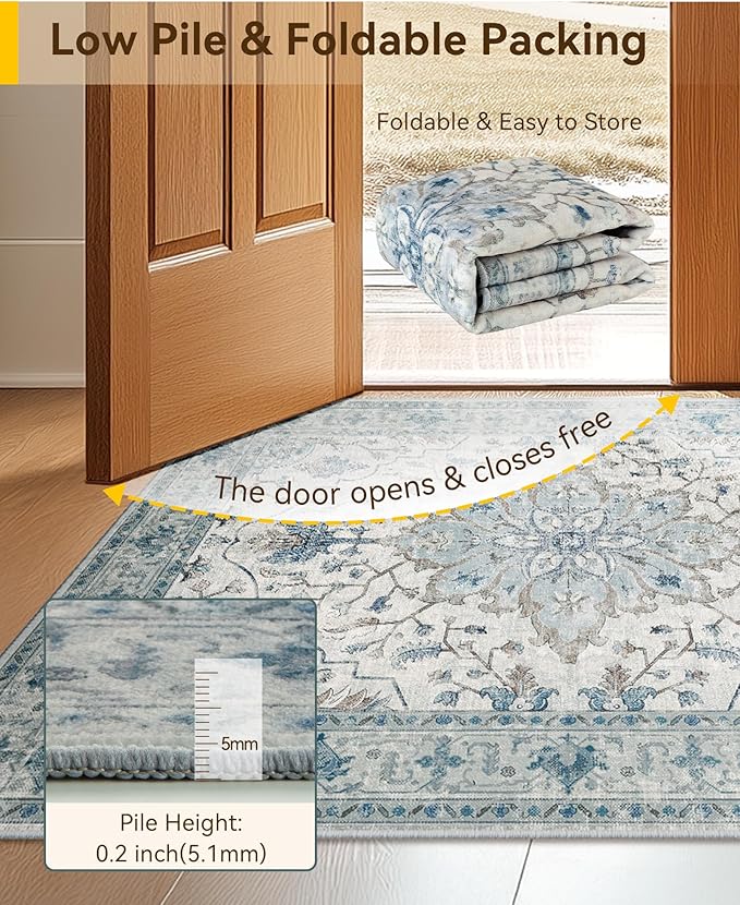 RELEANY Area Rugs Runner 2'x10' Washable Non-Slip, Floral Vintage Distress Medallion Carpet for Kitchen Hallway Bedroom Beside Laundry Room Bathroom, Light Blue Navy Gray White