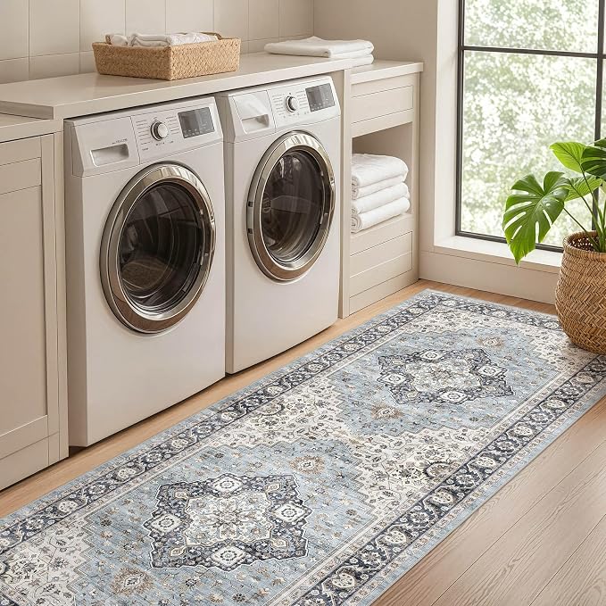 Runner Rug Kitchen Washable Rugs: 3x8 Non-Slip Boho Vintage Distressed Stain Resistant Indoor Neutral Farmhouse Throw Carpet for Hallway Bathroom Laundry Room Entryway Bedroom- Blue Tan