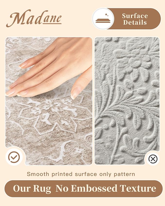 Madane Washable Runner Rug 2x5 with Non-Slip Rubber Backing, Vintage Kitchen Hallway Rug Soft Low Pile Throw Carpet Runner for Entryway Laundry Bathroom Bedroom Living Room (2 x 5, Brown/Sand)