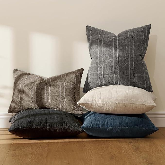 MIULEE Decorative Linen Check Lumar Throw Pillow Covers Neutral Farmhouse Vintage Pillow Covers 18x18 Inch Set of 2 Boho Modern Home Decor for Sofa Couch Bedroom Cushion Chair Charcoal Gray