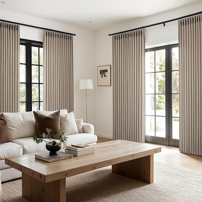 Topfinel Taupe Blackout Pleated Curtains 102 Inches Long 100% Light Blockout Linen Panels for a High-End, Neutral Living Room Ambience Memory-Trained Pleats for Teen Boys Room Decor 40" W*102" L