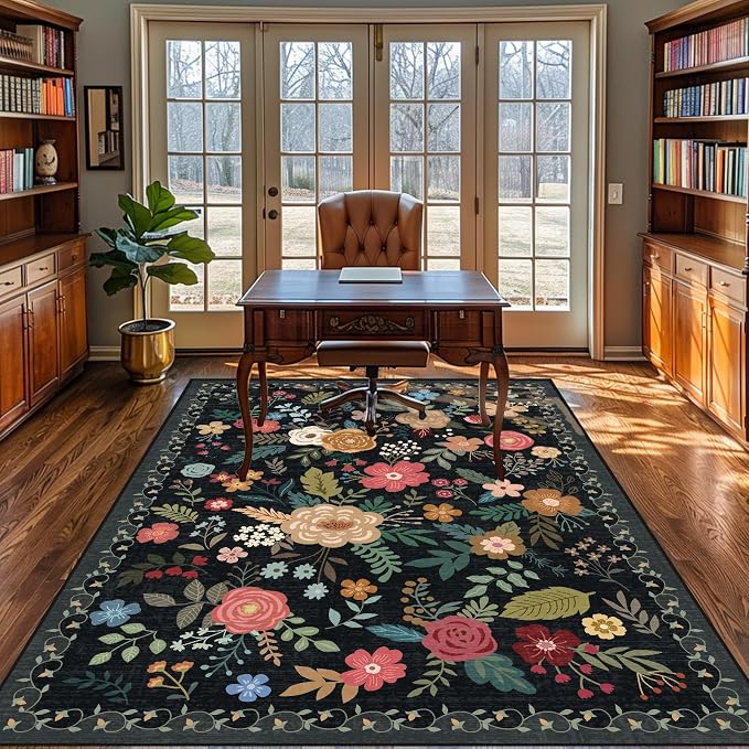 5x7 Area Rug, Floral Rugs for Living Room, Stain-Resistant Washable Bedroom Rug, Non-Slip Area Rugs for Dining Room Under Table, Indoor Carpet for Home Office (5 x 7 Black)