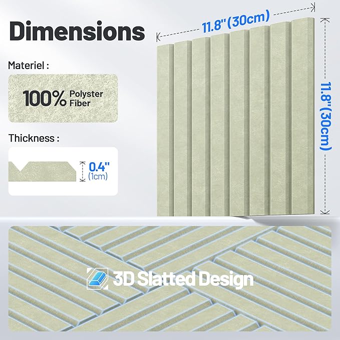 12 Pack Sound Proof Foam Panels for Walls, Acoustic Panels with Self-Adhesive 12" X 12" X 0.4" Slatted Soundproof Wall Panel, High Density Sound Absorbing Panel for Gaming Recoding Studio Decor-Sage