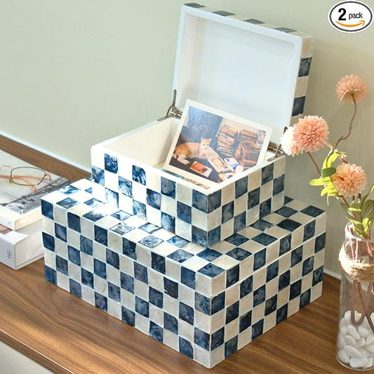 Chi An Home 12", 8" Capiz Inlaid Boxes with Lids, Navy Blue Capiz Shells Checkered Decorative Storage Boxes for Home Décor, Memory Box Keepsake Box for Photos, Letters, Accessories, Set of 2