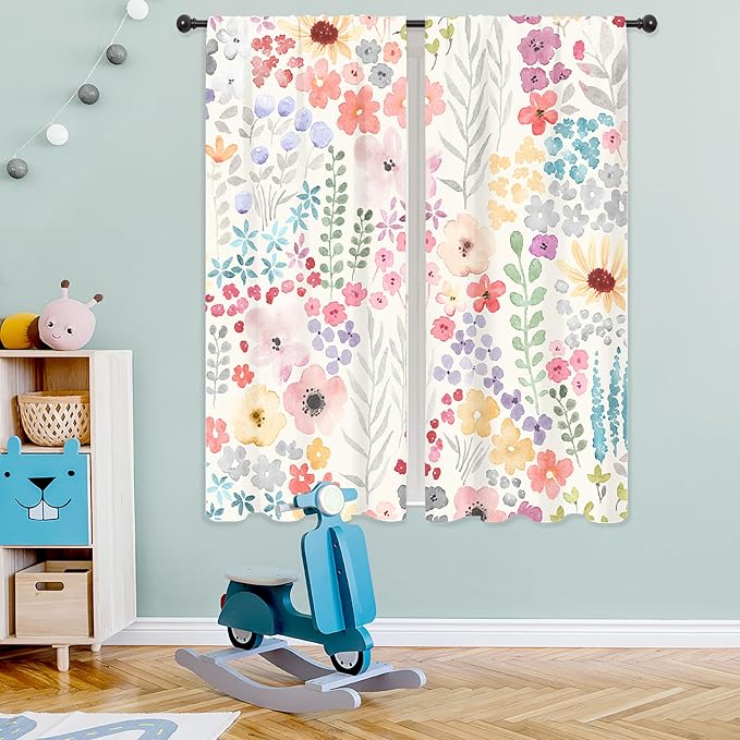 Riyidecor Colorful Floral Curtains Boho Pink Wildflower Flower Cute Trendy Plant Leaves Botanical Rod Pocket Pretty Aesthetic for Girls Bedroom Living Room Treatment Fabric 2 Panels 29Wx63H Inch