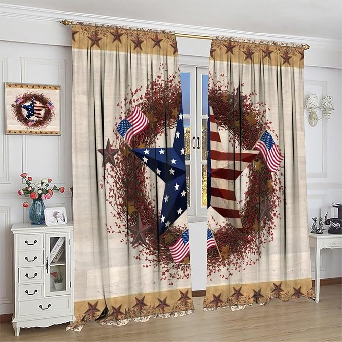 American Flag Curtains,4th of July USA Flag Western Star Independence Day Decor Drape for Bedroom Living Room Window Treatment 2 Panels Set Total Size 55" W X 63" L Inch