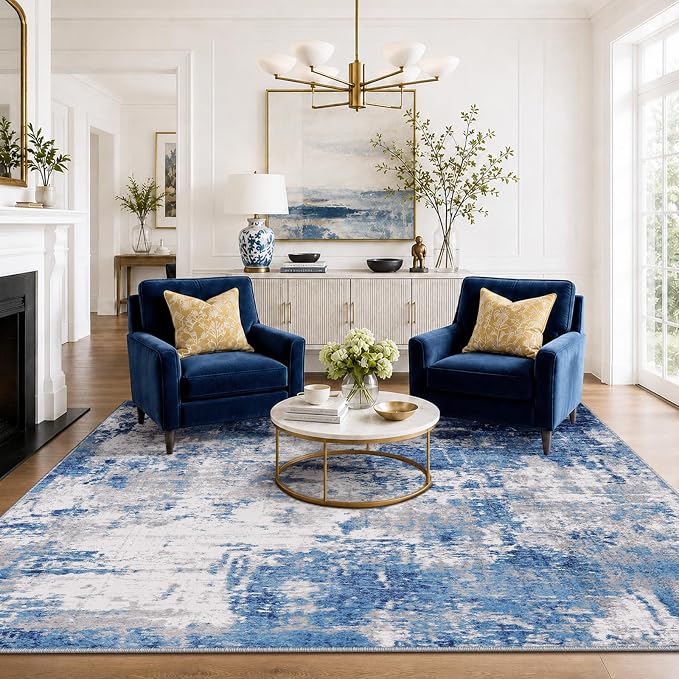 RELEANY Washable Area Rugs 4'x6' Non-Slip Modern Abstract Soft for Living Room Entryway Bedroom Kitchen, Print Pattern, Blue Grey Navy Gray