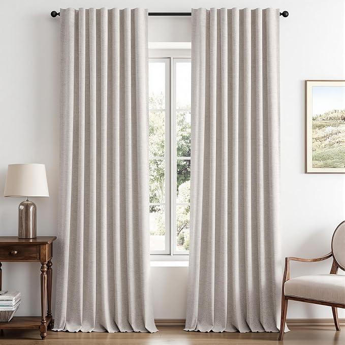 MIULEE 100% Blackout Linen Curtains for Bedroom, Ivory Solid Luxury Decor Thermal Insulation Room Darkening Drapes for Living Room Back Tab Rod Pocket 42 x 100 Inches, 2 Panels