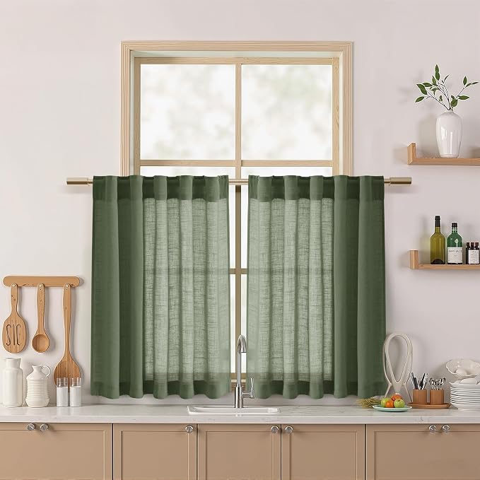 Nanspring Linen Curtains 40 Inch Length 2 Panels for Kitchen Basement Olive Green Semi Sheer Curtains Back Tab and Rod Pocket Neutral Drapes for Small Window/Loft Room, 34 x 40 Inch