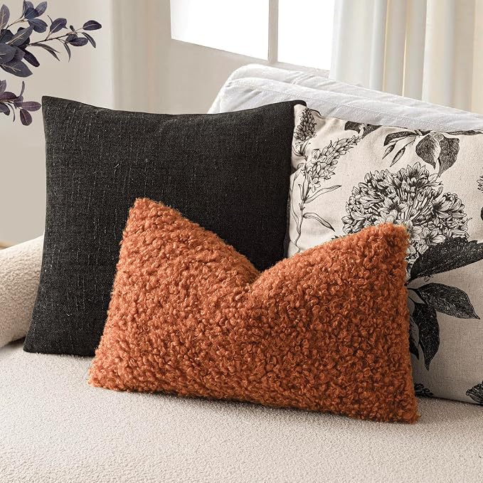 Foindtower Set of 2 Curly Teddy Wool Pillow Covers Decorative Boucle Textured Lumbar Throw Pillow Faux Fur Sherpa Pillowcases Sheepskin Fuzzy Cushion Case for Sofa Bedroom Car 12"x20" Burnt Orange