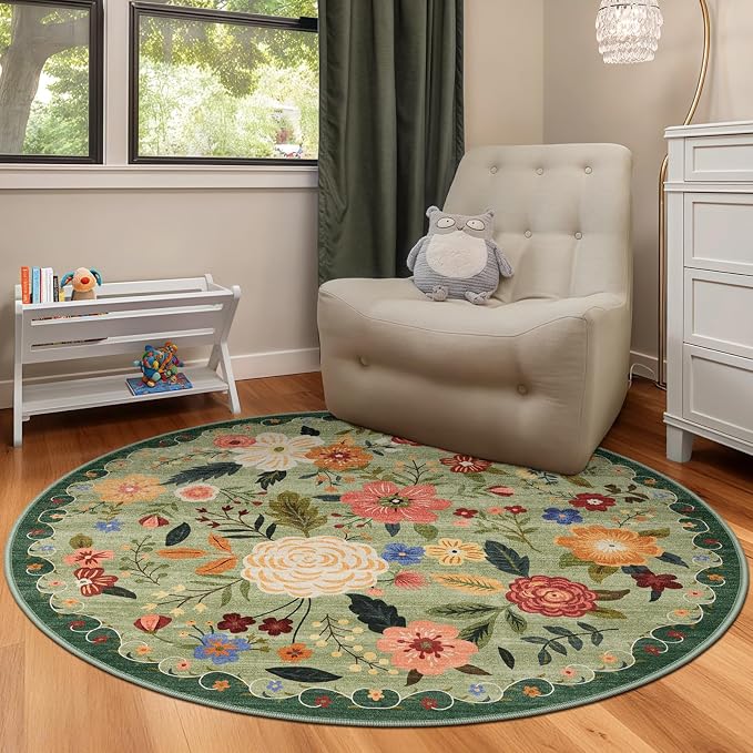 4ft Round Machine Washable Area Rug for Living Room, Light Green Vintage Boho Floral Rug Non-Slip Low Pile Soft Faux Wool Carpet Kids and Pets Friendly for Bedroom Nursery Farmhouse Home Decor Rug