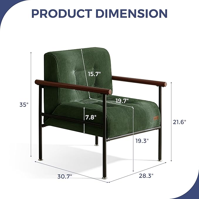 MAXYOYO Living Room Accent Chair, Modern Chair with Metal Frame | Upholstered Reading Chair Modern Living Room Chair with Support Cushion for Bedroom Balcony Porch, Dark Green