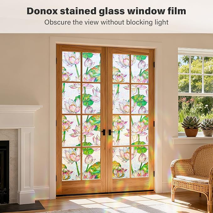 Donox Window Privacy Film Static Cling, Decorative Stained Glass Style Tint, Lotus Pattern with Rainbow Effect for Home and Office, UV Blocking No Glue Removable, 23.6 x 78.7 inches