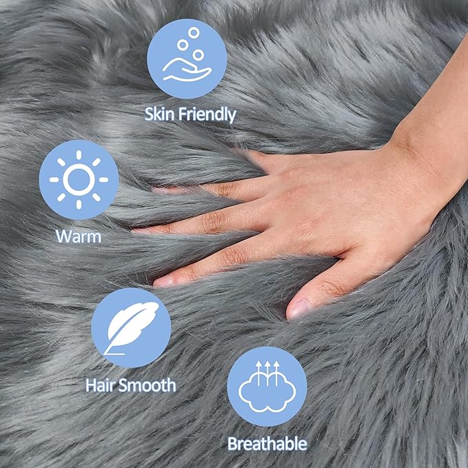15.7 Inch Grey Mini Round Faux Fur Sheepskin Rugs Small Fluffy Circle Rug for Bedroom Dorm Living Room Shag Circular Carpet Mini Small Size for Nail Desk Sofa Couch Seat Cushion Photographing