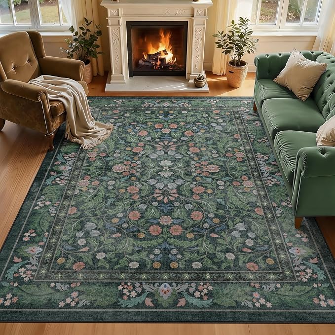 Floral 5x7 Area Rugs for Living Room, Machine Washable Vintage Rug Boho Low Pile Carpets Non Slip Soft Carpet for Farmhouse Bedroom Office Rugs, Kids Room, Nursery Room, Playroom, Green