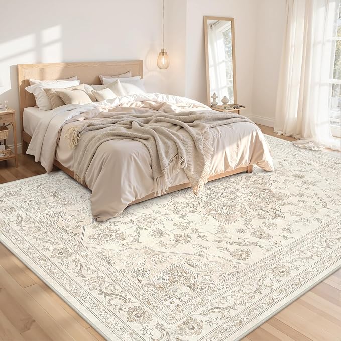10x14 Area Rug for Living Room: Vintage Boho Neutral Washable Rug Indoor Soft Large Area Rug Carpet for Bedroom Nursery Farmhouse Dining Room Office Floor Non-Slip Low Pile Under Table Rug Beige White