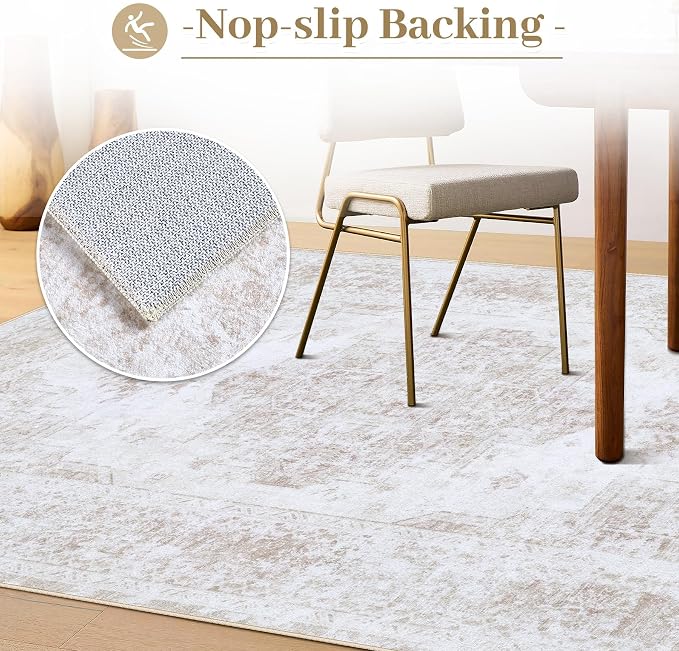 XLUEZ Area Rug 4x6 Vintage Rug, Machine Washable Vintage Distressed Medallion Rug Non-Slip Soft Low Pile Large Indoor Rugs for Bedroom Kitchen Dining Room Office(Beige,4'x6')