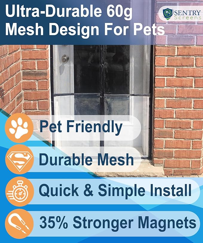 Magnetic Screen Door for Pets – Premium Reinforced Pet-Friendly Design with Heavy-Duty Magnets, Durable Mesh, and PET Material – Fits Doors Up to 37"x82" – Black – by Sentry Screens