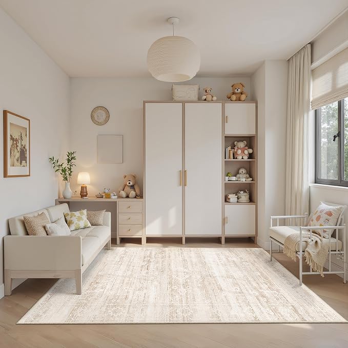 Soalmost 6x9 Area Rugs for Living Room, Washable Neutral Rug Beige Ivory | Vintage Floral Soft Stain Resistant Non-Slip Low Pile Thin Carpet for Dining Room Bedroom Kitchen Home Office Nursery 6'x9'