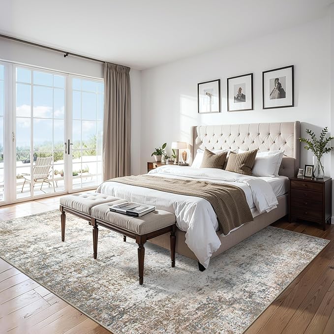 Area Rugs Living Room Rug - 5x7 Washable Modern Abstract Soft Neutral Non-Slip Carpet Large Indoor Floor Stain Resistant Thin Carpets for Bedroom Dining Room Farmhouse Nursery Home Office Brown Grey
