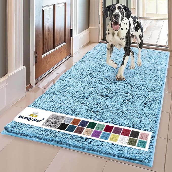 Muddy Mat® | Super Water Absorbent Door Mat Indoor, Microfiber Quick Dry Chenille Entryway Rug, Slip Resistant Front Door Mat, Indoor Mats for Entryway, Machine Washable Pet Rug, Sky Blue 24" x 96"
